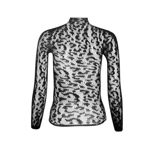 Leopard Lace Long Sleeve Fishnet Tops Slim Fit Mock Neck Sheer Mesh Tee Blouse Shirts for Women Going Out Clubwear3