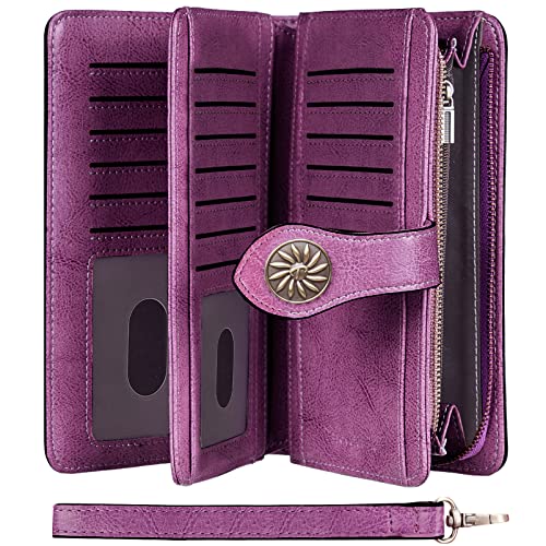 Travelambo Womens Wallet Large Capacity RFID Blocking Genuine Leather Wristlet Wallets(Purple)