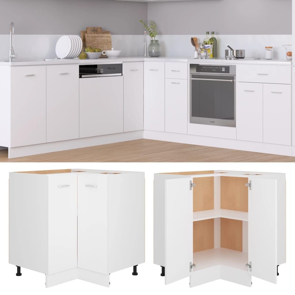 vidaXL Meuble d’Angle Lyon, 75,5x75,5x81,5 cm, Bois reconstitué, Blanc, Rangement Salle de Bain & Cuisine, Placard sous évier, Fixation Murale, Organisateur Maison