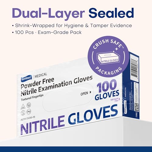 Supmedic Nitrile Exam Gloves, 3.5 Mil Powder-Free Food Safe Cleaning First Aid Disposable Medical Glove, Violet Blue 100 Pcs (Large)