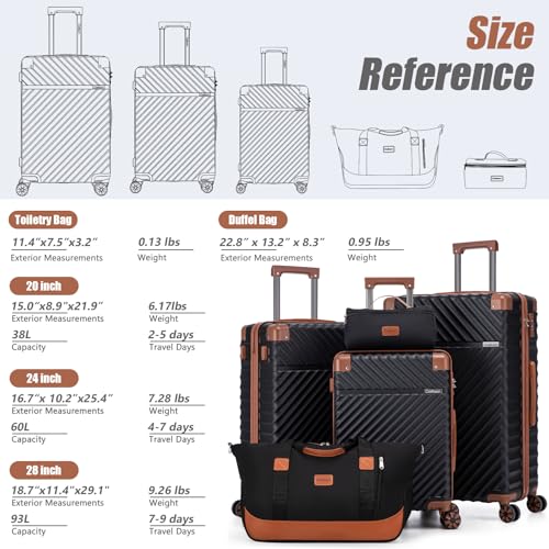 Image of Cosbarn Luggage Sets 5 Piece with TSA Lock Spinner Wheels, Unisex Hard Case ABS Suitcase Set, Hardshell Lightweight Waterproof Travel Hardside Suitcases with Wheels for Women Men, Black