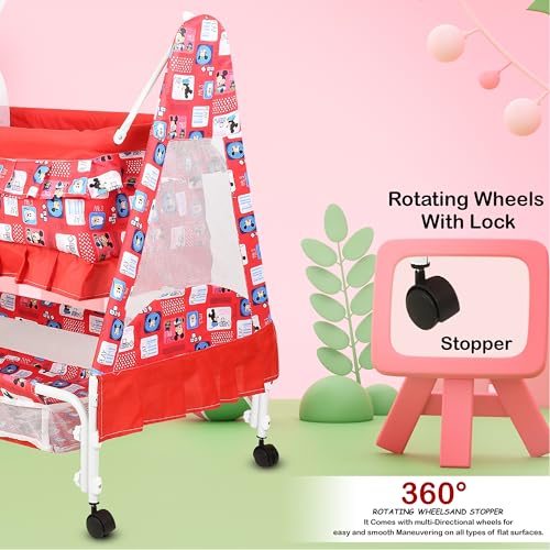 Image of New Born Baby Soft Seat Cradle with Swing and Mosquito Net, Four Wheels with Brake Lock for Swing Cradle /Jhula /Palna /Bed /Baby Safe for 0-2 Years (RED)