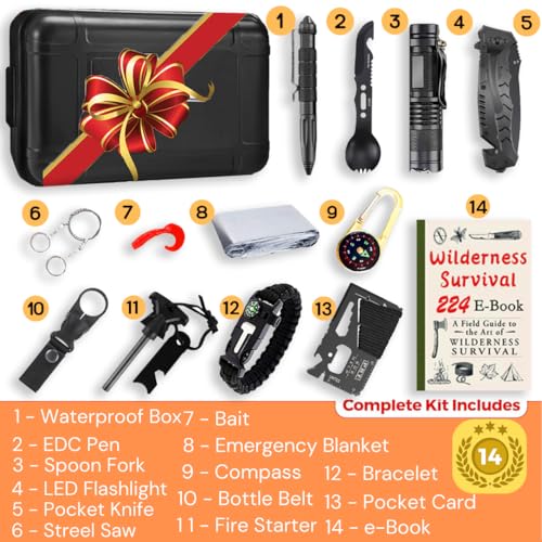 Survival Kit,13 in 1 Survival Gear and Equipment, for Dad, First Aid Kit with Survival Bracelets Emergency Blanket Tactical Flashlight for Camping Adventures - Image 3