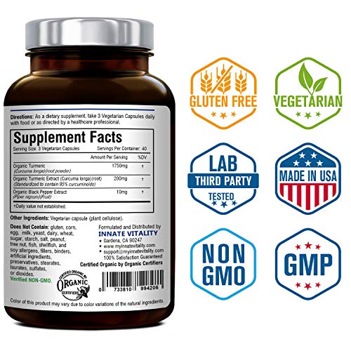 Organic Turmeric Curcumin with BioPerine, 95% Standardized Curcuminoids, 1960mg per Serving, 120 Veggie Caps, Non-GMO,Gluten Dairy & Soy Free, Anti-Inflammatory,Pain Relief & Joint Support