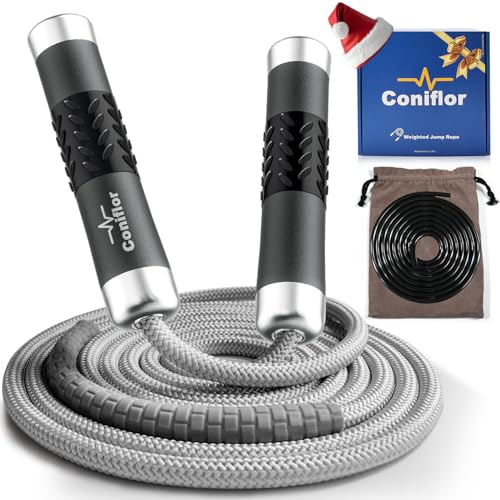 Coniflor Weighted Jump Rope, 1LB Tangle-Free Ball Bearing Rapid Speed Skipping Rope for Men Women, Adjustable 9mm Cotton & PVC Rope with Alum Handle for Boxing MMA Weight-Loss Athletic Workout Fitness