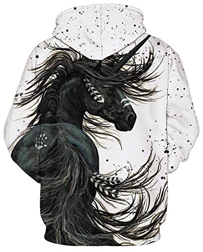 EUDOLAH Damen Pullover 3D Druck Pulli mit Tasche Digitaldruck Pulli mit Aufdruck Galaxy Tier Langarm XXL-3XL, 1-Schwarz und weiß Pferd