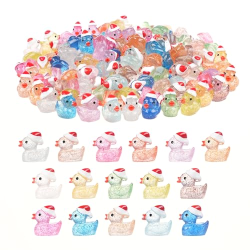 JIUZHU 160PCS Luminous Mini Glitter Ducks Christmas Colorful Tiny Resin Ducks to Hide Miniatures Figures for Prank Xmas Goodie Bag Fillers Party Decor