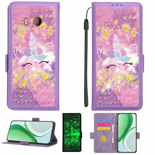 Kinetijy Case Compatible for HTC U11 Phone Case Flip Cover [with Tempered Glass Screen Protector][RFID Blocking][Gold Glitter+Luminous] LPT-DJS