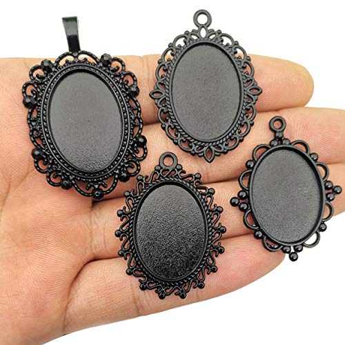 All 32Pcs(16 Sets) 18X25Mm Enamel Black Oval Blank Bezel Pendant Trays Base Cabochon Settings Trays Pendant Blanks For Jewelry Making Diy Findings (M181) #TOP2