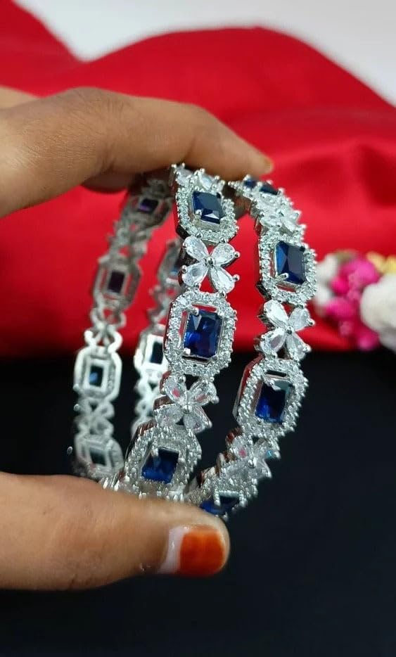 Image of AMERICAN DIAMOND 4LEAF BLUE BANGLES SET FOR WOMEN & GIRLS