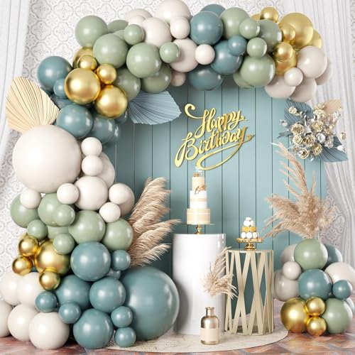 Dusty Sage Green Blue Gold Balloon Garland Kit, 107 PCS Pastel Ol...