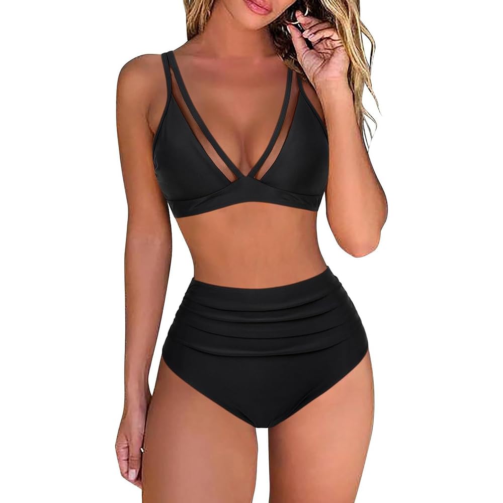 HSAJS Bikini Mujer Sexy Traje de Baño de Dos Piezas para Mujer Cuello en V Ropa de MujerPush-up Sujetador Acolchado Bikini Braguitas de Cintura Alta Control de Vientre