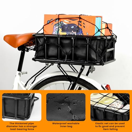 Bike Basket Rear, Large Bicycle Basket with Cargo Net, Liner