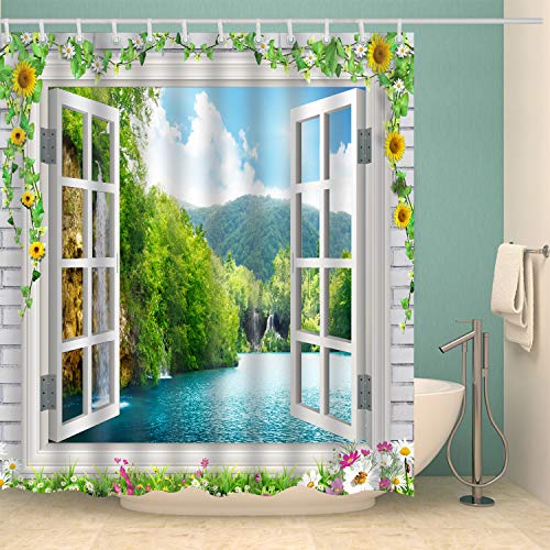 Dodou 3D Sun Flower Window Beach Shower Curtain Waterfall Landscape Scenery Waterproof Fabric Polyester Set With Hooks (72''Wx72''H) #TOP1