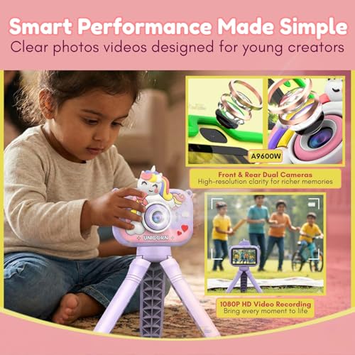 Image of Toy Imagine Unicorn Design Kids Digital Camera with Tripod 48MP HD Photos & 1080P Video Recording Filters,Frames & Inbuilt Games Birthday Gift for Boys & Girls Age 6-12 (Assorted) Card Not Included
