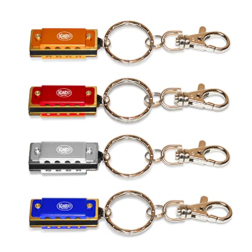 KaKo'o Music 4-Pack Mini Harmonicas - Stainless Steel Travel Size Mini Keychain Harmonicas for students- Key of C- Beginner Wind Instruments for kids- Great for Easter Baskets, Loot Bags, Ages 5+