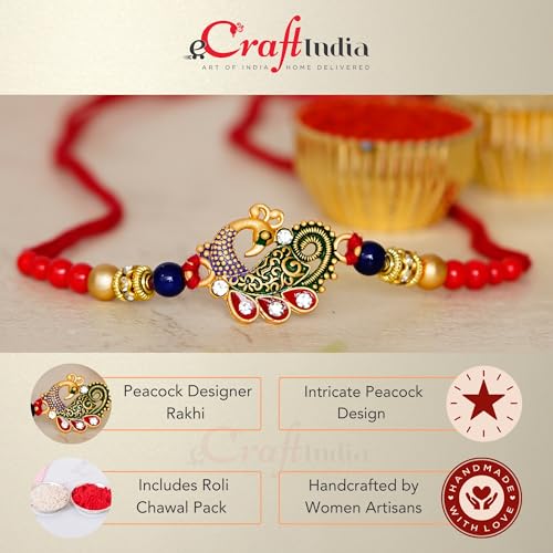 Image of eCraftIndia Red & Blue Peacock Designer Rakhi, Best Bro Ever Fridge Magnet with Roli Chawal Pack - Rakhi for Brother, Bhaiya, Bhai