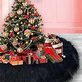 Christmas Tree Skirt, 60 Inch Faux Fur Fall Blessings Xmas Tree Skirt for Artificial Trees, Black Christmas Tree Skirt Mat for Farmhouse Decor New Year Tree Skirt