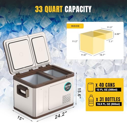Image of YELLOW JACKET Portable Car Refrigerator 33 Quart, Portable Freezer Dual Zone Electric Cooler for Outdoor Camping Travel,12 /24V DC 110~240 Volt AC Refrigerator for Truck RV Home Office,-4℉-68℉