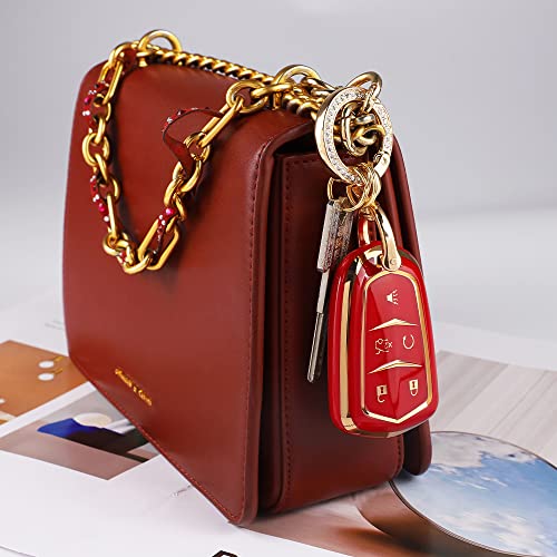 Carfib Key Fob Cover For Cadillac Accessories Ats Cts Ct6 Srx Xts Xt4 Xt5 Escalade 2022 2021 2020 2019 2018 Key Case Holder Car Remote Key Chain Ring Women Tpu Red Gold #TOP6