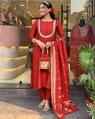 Image of Yashika Women's Silk Blend Jacquard Kurta and Pant with Dupatta Set and Khatali Work Suitable For Every Indian Occasion