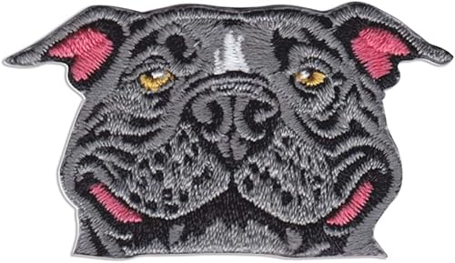 WIRESTER Parche bordado vintage para planchar para camisas, jeans, chaquetas, sombreros, perro pitbull azul sonriente