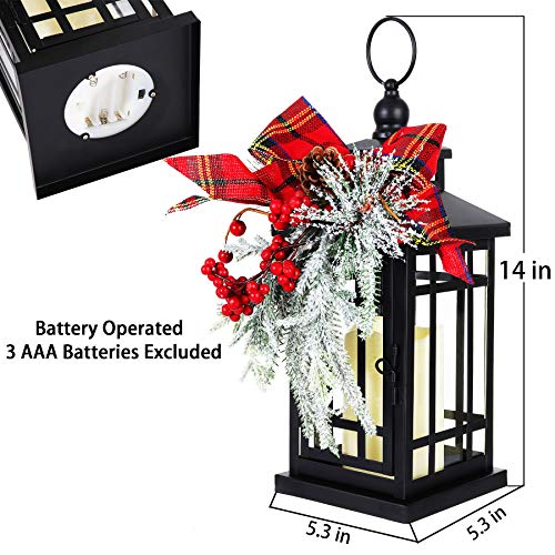 14" Christmas Flameless Flickering Candle Lantern Decorative For Outside Outdoor Indoor Patio Table Party, Black Hanging Lanterns Battery Operated With Red Bow #TOP2