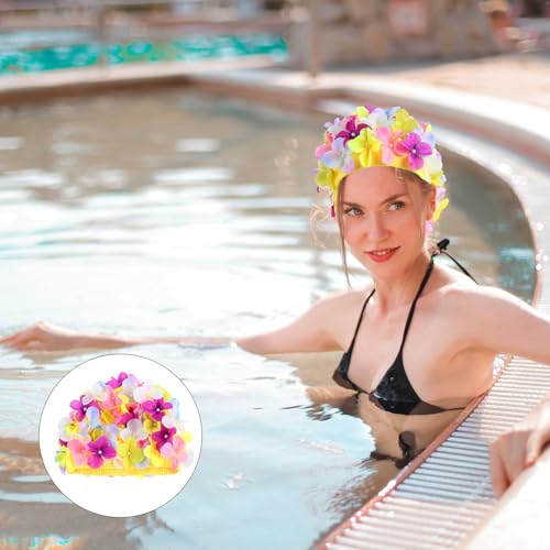 Image of Housoutil Flower Swimming Caps, Floral Swim Cap Women, Vintage Flower Swimming Hat with Handcrafted Petals, Soft Fabric Breathable Bathing Hat for Pool Spa Accessorizing (Pink)
