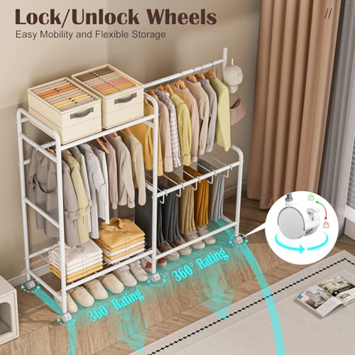 Casavibe Heavy Duty Clothes Rail with Wheels, 125KG Metal Clothing Rack with Trouser Rack, Top Shelf, 4 Hooks & 5 Trouser Hangers, Sturdy Wardrobe Clothes Rail for Bedroom Hallway Shop White - Image 3
