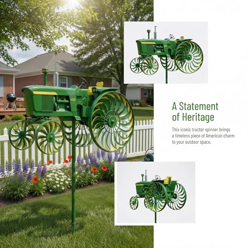 Garden Wind Spinner, Green Tractor Windmill Stake with Rotating Wheels for Patio Yard Garden, Unique Outdoor Sculptures Ornament Gift for Friends Family (Tractor)