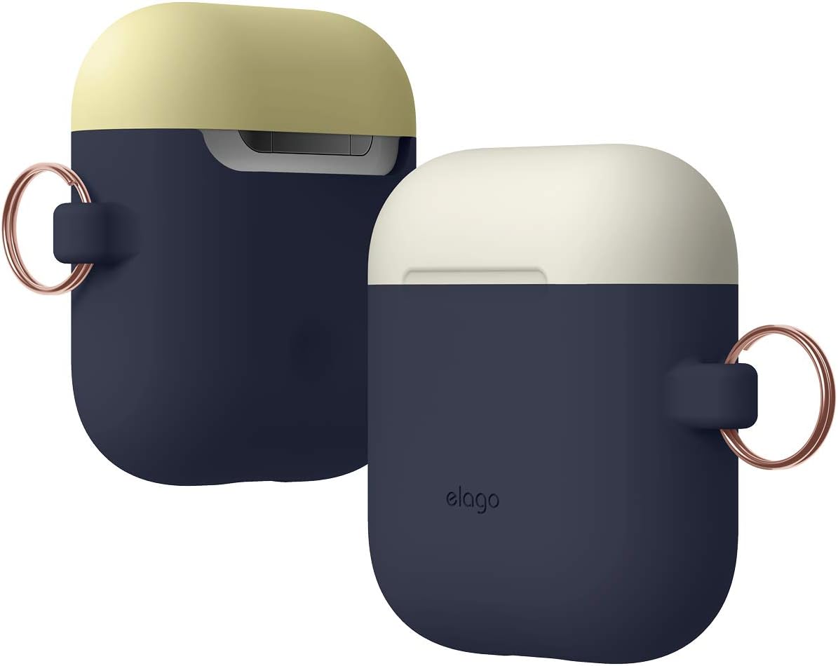 elago Duo Hang Case Compatible with Apple AirPods Case 1 & 2, Carabiner Included, Supports Wireless Charging, 2 Color Caps + 1Body [Classic White, Creamy Yellow + Jean Indigo]