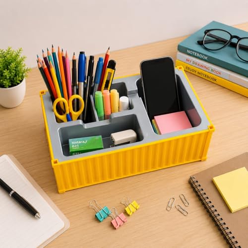 Image of FreshDcart Multi-Function 4 Slots Shipping Container Desk Organizer for Pens, Mobile Phones,Remote, Business Cards & Office Supplies Stylish Desktop Storage Box (Yellow)