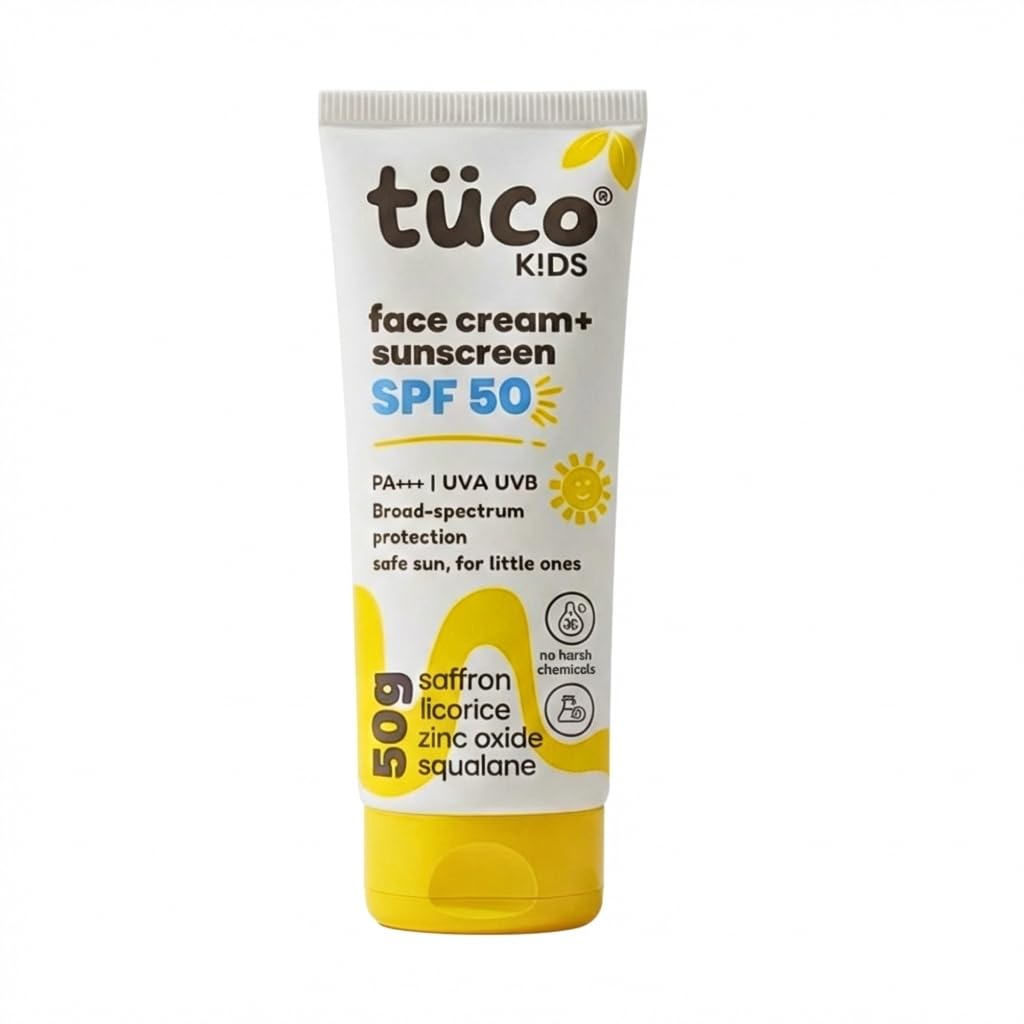 Kids 2 in 1 Face Cream + Sunscreen SPF 50 with Saffron oil | UVA/UVB PA++++ | Broad Spectrum Protection | Benzophenone- 3 and Avobenzone Free | Ages 2-5, 5-10, 10-15 | 50gm