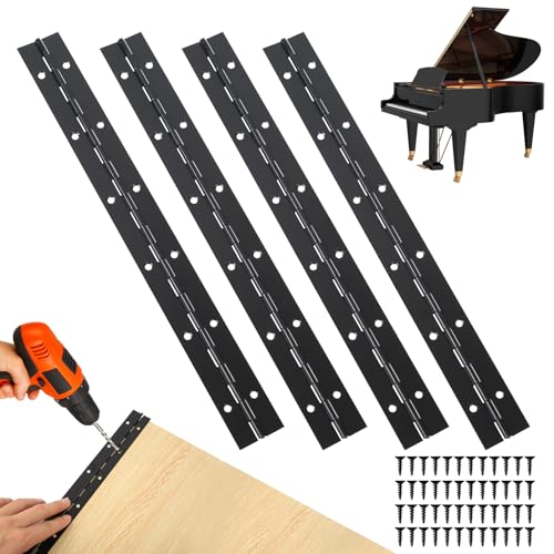 4 Pcs Heavy Duty Piano Hinges for Wood 30cm/12 inch Continuous Hinges with Holes Stainless Steel Cabinet Hinge for Cabinet Doors Pianos Windows with Screws (Black)