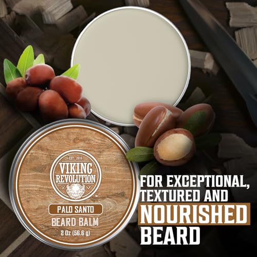 Image of Viking Revolution Beard Balm - Palo Santo - 2 oz | Natural Styling & Shaping Balm - Contains Argan Oil & Jojoba Oil - Softens, Conditions & Relieves Itchiness Below the Beard