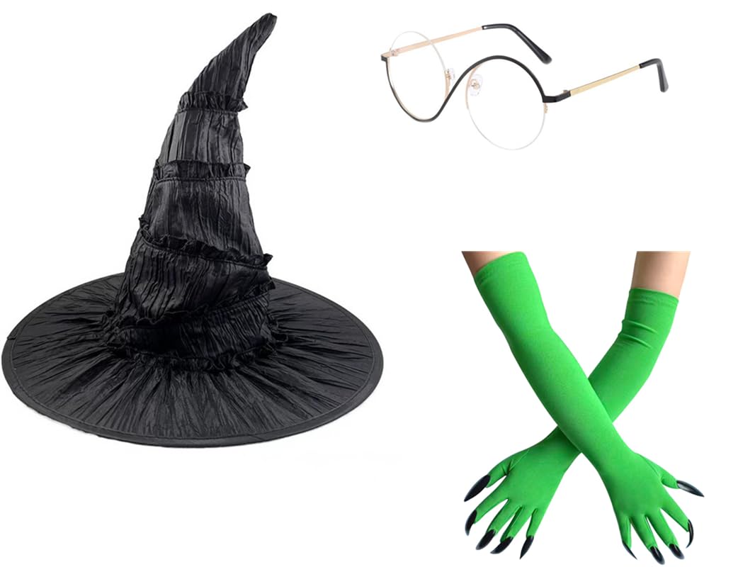 Topcosplay 3pcs Witch Hat Wizard Hat with Gloves Glasses Halloween costume Accessories (Hat Gloves Glasses set)