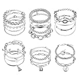 KALVICA 21Pcs Boho Layered Armbänder für Damen Frauen Kettenarmbänder Set mit Schloss-Anhänger Verstellbare Zirkonia Herz Kubanische Kette Armband Offene Manschette Armreif Stapelbares