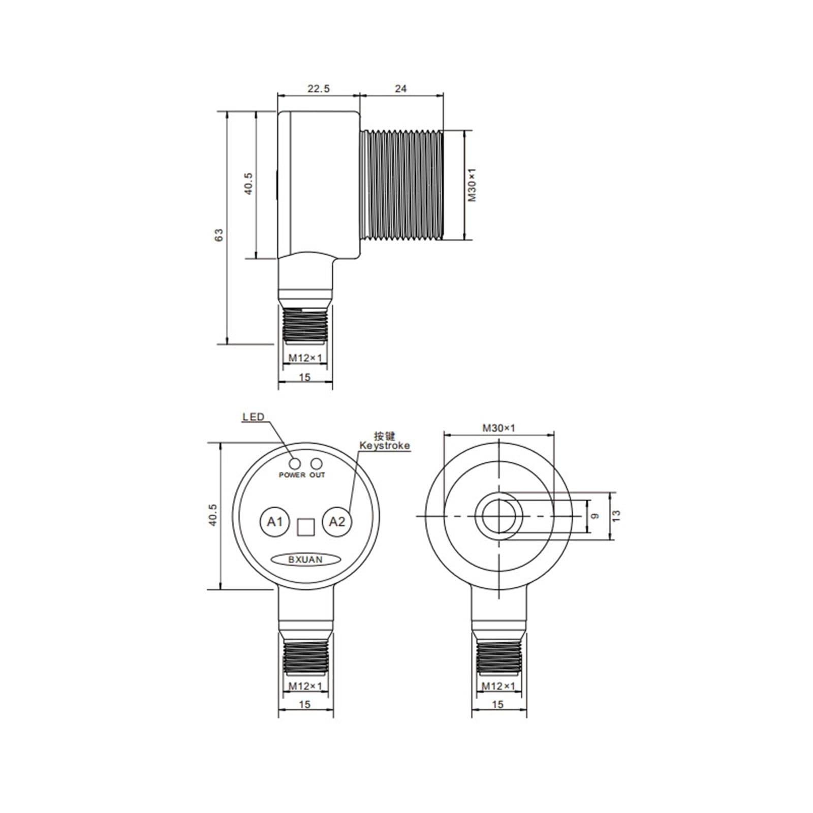 1 Sensor de Interruptor ultrasónico T30 NPN/PNP NO NC, Dos Salidas, 4-20 mA + 0-10 V, 10-30 V CC, Cable de conexión M12/cable de PVC de 2 m.(500mm PNPNONC)