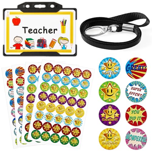 Tenare 7 Pcs Teacher Roleplay for Kids Pretend Teacher Set Novelty Lanyard and Stickers Pretend ID Card Behaviour Reward Stickers School Stuff Kids Role Play Game Accessories (Black Awesome)