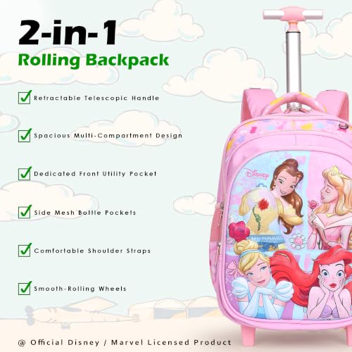 Image of NOVEX Disney Princess Kids Backpack Combo Set for Girls | 17 Inch School Trolley Bag with 2 Wheels, Lunch Box & Stationery Pouch | Soft Polyester Spinner Luggage, Pink Carry-On 45 cm