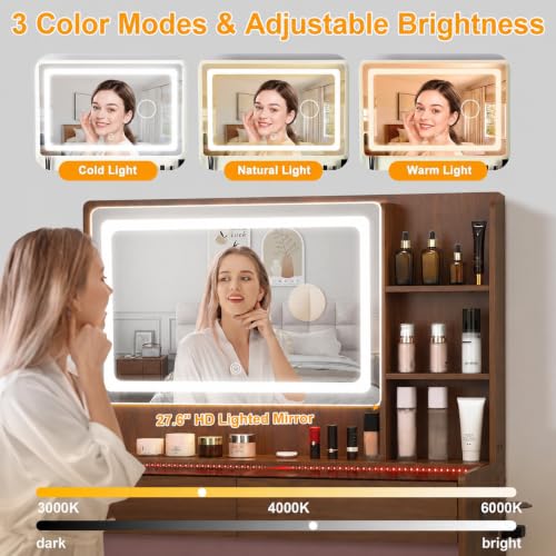 Image of Makeup Vanity Desk with LED Mirror & RGB Lights, Glass Top Vanity Table for Women, Adjustable Brightness & 3 Color Modes, 2 Drawers Storage, Peach Modern Bedroom Vanity Set