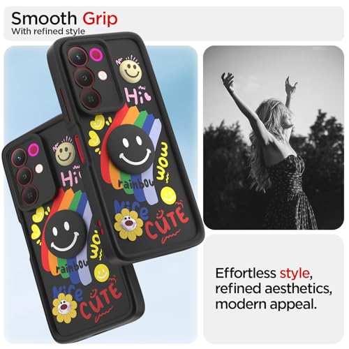Image of Pikkme Back Cover for Realme Narzo 90X 5G / Realme C85 5G / Realme 15X 5G | Soft Silicone| Cute Rainbow Smile & 3D Cartoon Flower Design | Shockproof Raised Camera Protection Bumper Case (Black)