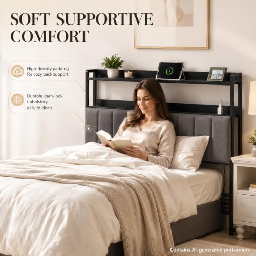 Image of Upholstered Queen Headboard with Storage and USB (Queen (U.S. Standard))