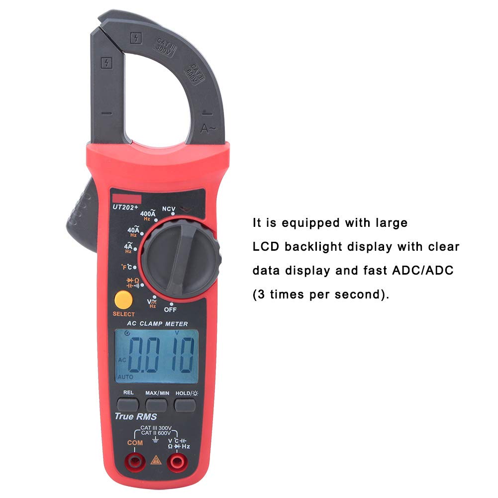 UT202 Plus Pinza amperimétrica portátil de mano con rango automático True RMS, tamaño de apertura de mandíbula de 28 mm, con pantalla LCD retroiluminada grande, para elect