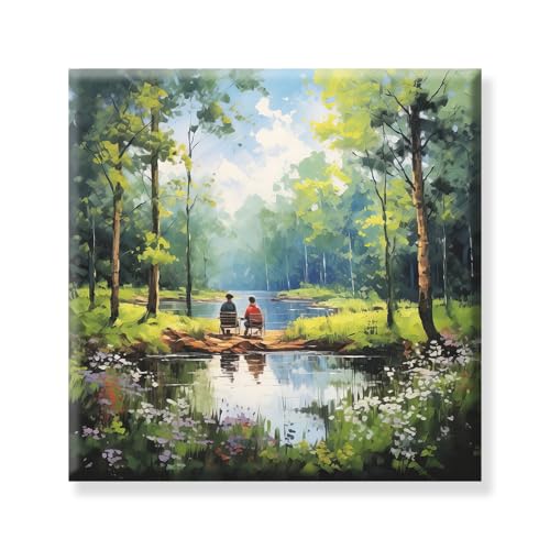Image of Exsha Serene Couple Fishing by Lake Canvas Wall Painting|Romantic Nature Square Art Print for Living Room, Bedroom, Office, Home Decor|Peaceful Forest & Water Scene Wall Decorative Artwork|16x16 Inch