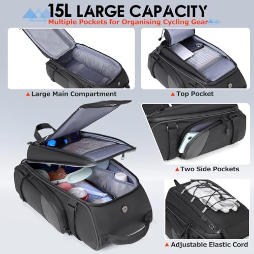 image for RAINSMORE Bike Bags for Bicycle Rear Rack 15L Waterproof Bike Ebike Tr