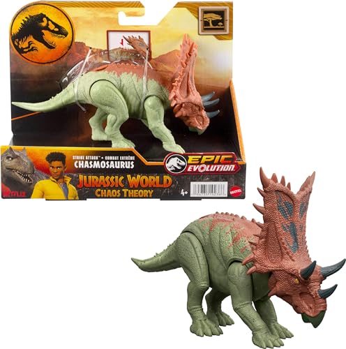 Mattel Jurassic World Strike Attack Dinosaur Toy with Single-Strike Action & Movable Joints, Chasmosaurus Action Figure Includes Digital Play