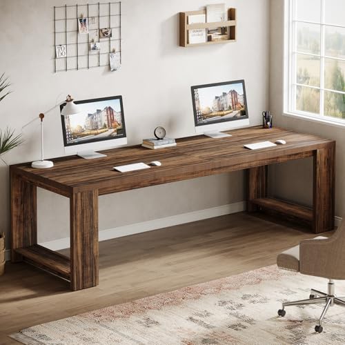 Image of Tribesigns 2 Person Desk Set of 2, 86.6 Inches Extra Long Desk, Two People Computer Writing Table, All Wood Large Desks Workstation for Home Office, Rustic Brown
