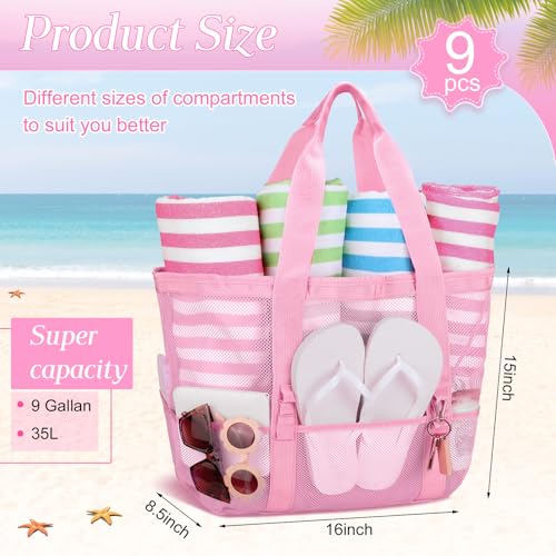 Image of Hillban Large Beach Mesh Bags Bulk for Women Beach Tote Bag with 8 Pocket Zipper Waterproof Sandproof for Pool Cruise Ship