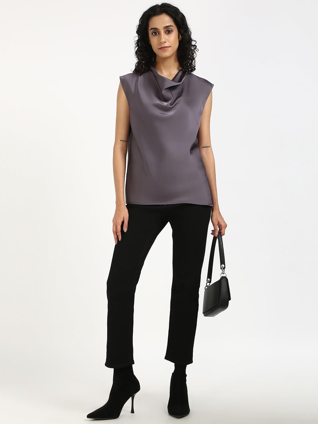 Calvin Klein Satynowa bluzka damska z dekoltem w łódkę z satynową bluzką, Szary, XS